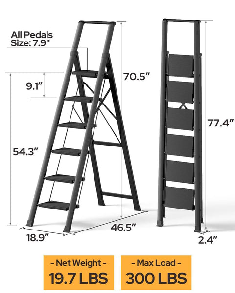 Six Step Foldable Aluminum Ladder Stool, Easy Fold And Store, Black Home Step Ladder With Shelf, Sturdy Yet Lightweight, Your Go To Kitchen And Home Helper For Bedroom Library Classroom, 70.5 in