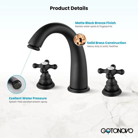 8 Inch Widespread Matte Black Bathroom Faucet With 3 Hole Deck Mount, Dual Cross Handles, Brass, Focus on Spout and Handles