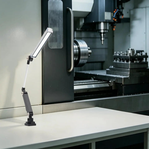 Heavy Duty 110V 16W LED Machine Work Light Featuring An Innovative 180 Degree Adjustable Bracket on machining table in workshop.