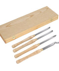 Premium 4 Piece Lathe Turning Tool Set For Woodworking Crafters Made From Heavy Duty Hard Alloy Steel in wooden box.