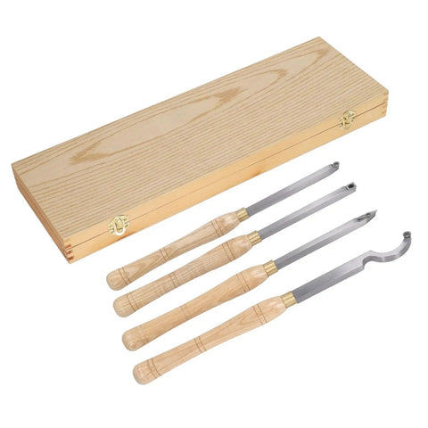 Premium 4 Piece Lathe Turning Tool Set For Woodworking Crafters Made From Heavy Duty Hard Alloy Steel in wooden box.