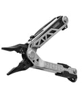 Center Drive Multitool With 12 Piece Bit Set Outboard Knife Pliers Pry Bar Bottle Opener And Awl Includes Pro Grade Sheath Silver And Black High Torque Quick Access Tool For Pros And DIYs silver black multitool open pliers