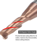 Close-up of 2 Pack 2.5mm Square Nose End Mills 4mm Shank, 2 Flute CNC Router Bits with 35-degree helix angle and AlTiN coating