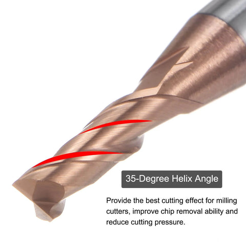 Close-up of 2 Pack 2.5mm Square Nose End Mills 4mm Shank, 2 Flute CNC Router Bits with 35-degree helix angle and AlTiN coating