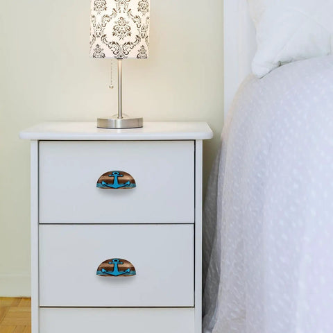 Heavy Duty Construction Hella Smooth Sliding Rustic Cabinet Cup Pulls 6 Pack Drawer Handles on white nightstand.