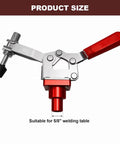 5/8 Inch Insert Clamp Fixture For Welding Tables, Quick Press Clamp With Sliding Jaws, shown in side view with red handle and adjustable mechanism.