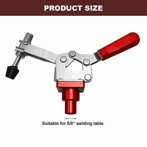 5/8 Inch Insert Clamp Fixture For Welding Tables, Quick Press Clamp With Sliding Jaws, shown in side view with red handle and adjustable mechanism.