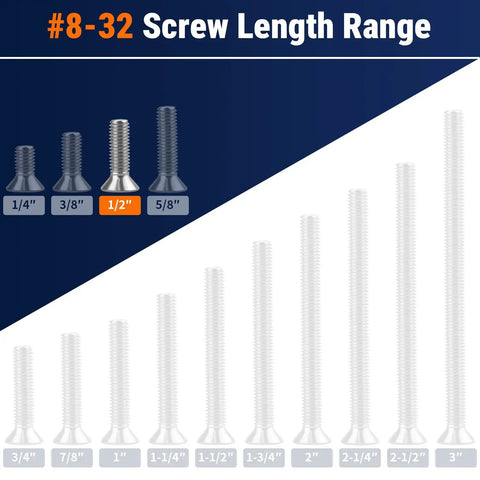#8-32 Screw Length Range with various sizes including 1/2 inch, showcasing Heavy Duty Number Eight Thirty Two By One Half Inch Phillips Flat Head Machine Screws Packed In A Rock Solid Hundred Count Of Rust Resistant 304 Grade Stainless Steel Fasteners Built Different For Unc Coarse Thread Fit.