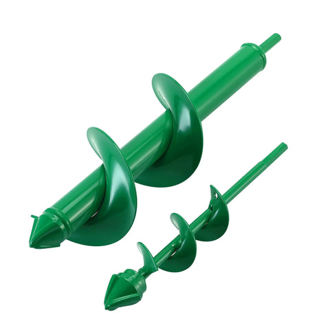 Garden Auger Drill Bit Set For Cordless Drills 2 Pack Bulb Planter Spiral Auger Tool For No Fuss Planting In Loose Soil Great For Bulbs And Flower Beds Green Finish, showing two green spiral auger tools.