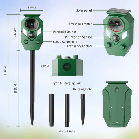 4 Pack Solar Powered Ultrasonic Animal Repeller Outdoor Waterproof With Motion Activated Sensor Strobe Light 5 Frequency Modes To Help Keep Pests At Bay Cats Raccoons Squirrels Deer Rabbits And More, green unit with stake