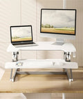 Ergonomic Height Adjustable Standing Desk With Smooth Rolling Casters Straight Up Solid Mobile Workstation in white with dual screens.