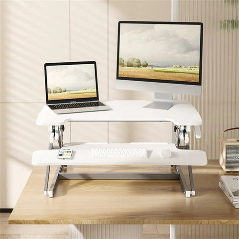 Ergonomic Height Adjustable Standing Desk With Smooth Rolling Casters Straight Up Solid Mobile Workstation in white with dual screens.