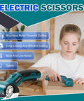 Cordless Electric Scissors With Slick Design And Heavy Duty Motor For Zero Sweat Cardboard Cutting in use with a woman.