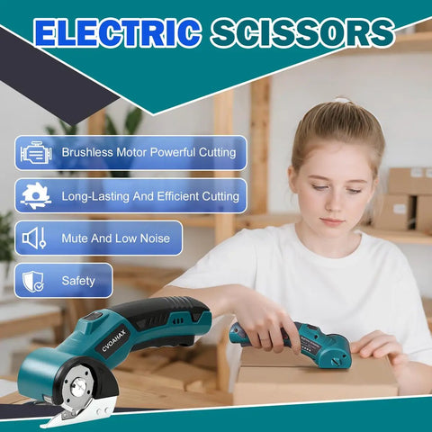 Cordless Electric Scissors With Slick Design And Heavy Duty Motor For Zero Sweat Cardboard Cutting in use with a woman.