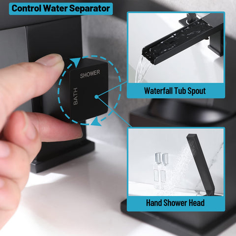 Control panel of Waterfall Roman Tub Faucet Deck Mount With Hand Shower Three Hole Widespread Matte Black Bathroom Fixture