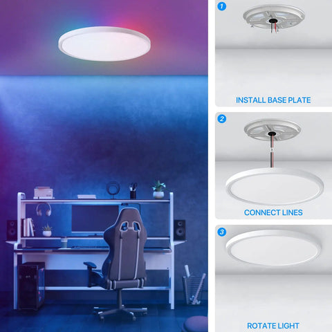 Smart RGB LED Ceiling Light 12 Inch Flush Mount 24W With WiFi And Voice Control installation steps above desk.