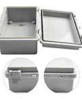 Outdoor ABS Plastic Electrical Enclosure Box Weatherproof And Dustproof IP65 Rated with open lid, close-up on latch and hinge details.