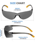 Size chart for Top Shelf Tinted Safety Glasses 24 Bulk Pack With Ansi Z87.1 Rating And Kickass Uv Protection For Hard Shift Construction Crews Smoke Grey Impact.