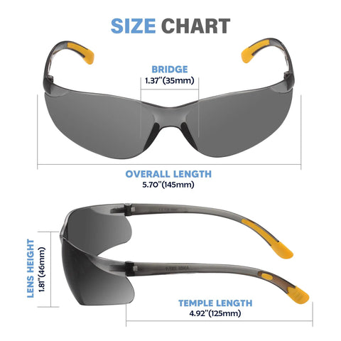 Size chart for Top Shelf Tinted Safety Glasses 24 Bulk Pack With Ansi Z87.1 Rating And Kickass Uv Protection For Hard Shift Construction Crews Smoke Grey Impact.