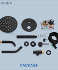 Three Function Rain Shower System With Handheld And Tub Spout Wall Mount Shower Combo In Matte Black parts layout.
