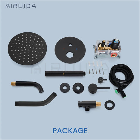 Three Function Rain Shower System With Handheld And Tub Spout Wall Mount Shower Combo In Matte Black parts layout.