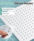 Close-up of silicone nozzles on a luxury 12 inch square stainless steel shower head with high pressure rainfall ultra thin design.
