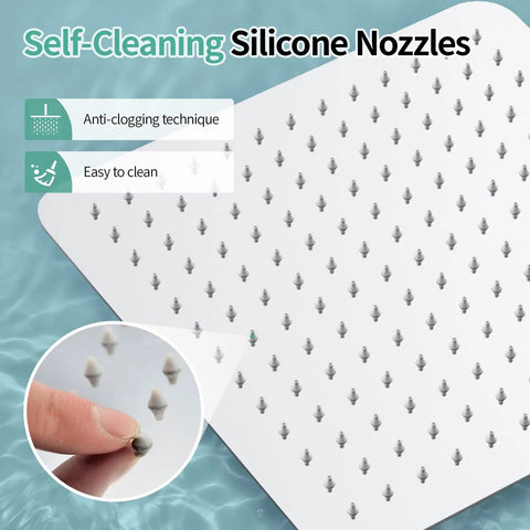 Close-up of silicone nozzles on a luxury 12 inch square stainless steel shower head with high pressure rainfall ultra thin design.