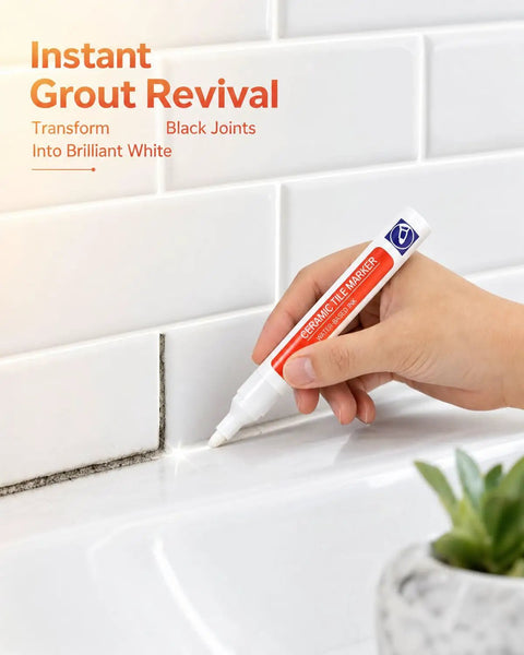 Hand using Grout Fix Pen For Tile Grout Lines Waterproof Tile Repair Marker For Ceramic Walls And Floors Quick DIY Refresh In Kitchen Bathroom With Bright White Finish on white tiles.