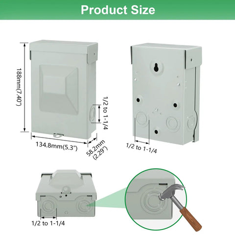 Product size dimensions of Field Ready 60A AC Disconnect Box With Non Fused Pull Out Switch for outdoor use.