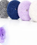 Kick Serious Shine With This 6 Inch Wool Cutting And Polishing Pad Set displaying five colorful pads and a polisher.