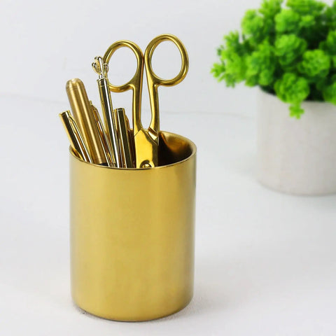 Gold Desk Organizer Set For Office 2-Piece Luxury Paper Clip And Pencil Holder Cup Metal Makeup Brush Holder Decorative Desktop Accessories For A Sleek Clutter-Free Workspace with gold finish cup and office tools