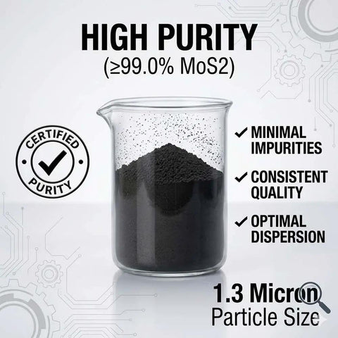 Ultra Fine Molybdenum Disulfide Powder, 99 Percent Purity, For Heavy Duty Lubrication, High Temp Resistant Grease Additive in beaker