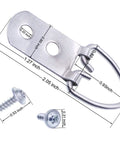 Heavy Duty D Ring Picture Hangers With Included Wall Screws, 20 Pack showing silver D ring with screws and measurements
