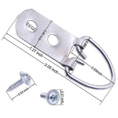 Heavy Duty D Ring Picture Hangers With Included Wall Screws, 20 Pack showing silver D ring with screws and measurements