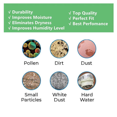 Six Pack Humidifier Filter Wicks Replacement For Honeywell HAC-504 HAC-504AW HCM, showing illustrations of particles filtered like pollen, dirt, and dust.