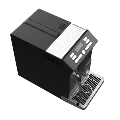 Skip The Line Top Tier Automatic Espresso Machine With Built In Bevel Gear Grinder And Fast Heating For Pulling Smooth Cafe Style Drinks Featuring One Touch Operation And 15 Bar Pump top view of sleek black and silver design with control panel.