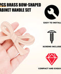 Hand holding a light pink bow knob, labeled '6PCS Brass Bow-Shaped Cabinet Handle Set' with icons for easy install and screws included.