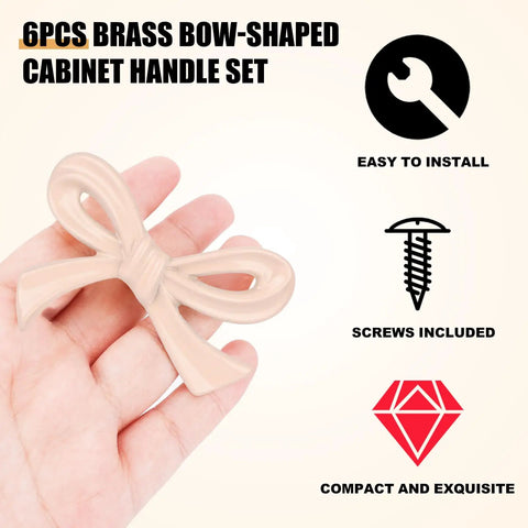 Hand holding a light pink bow knob, labeled '6PCS Brass Bow-Shaped Cabinet Handle Set' with icons for easy install and screws included.