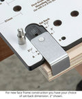 Precision Shelf Pin Drilling Template Slides In Smooth For Dead On Accuracy On Face Frame And Frameless Cabinets With Indexed Guides To Nail Perfect Spacing Every Single Time SPT2 showing adjustment for set-back on a cabinet piece.