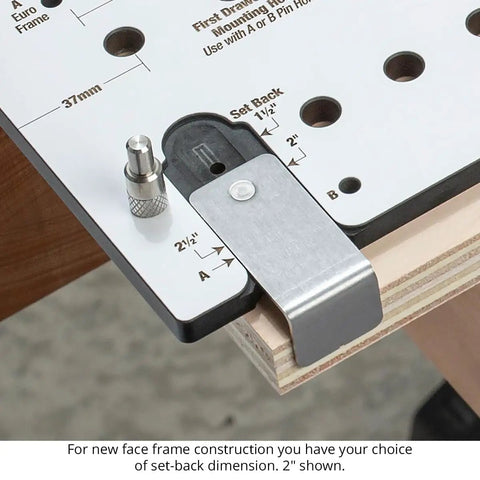 Precision Shelf Pin Drilling Template Slides In Smooth For Dead On Accuracy On Face Frame And Frameless Cabinets With Indexed Guides To Nail Perfect Spacing Every Single Time SPT2 showing adjustment for set-back on a cabinet piece.