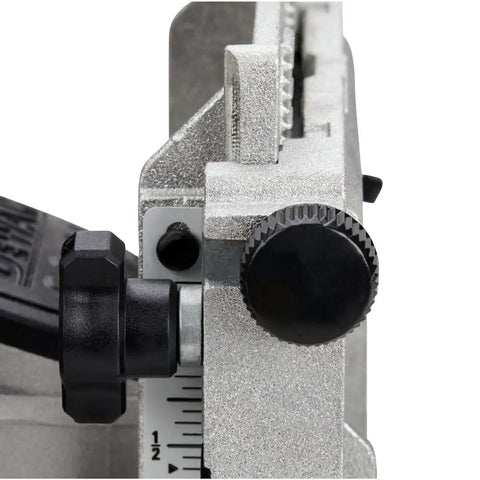Close-up of 20V Max XR Brushless Biscuit Joiner Tool Only With Dual Rack And Pinion Fence showing depth adjustment mechanism.