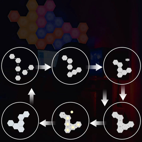Diagram of Hexagon LED Wall Panels With Remote And Touch Control, 13 Color RGB Hex Lights Kit, USB Powered, 6 Pack setup options