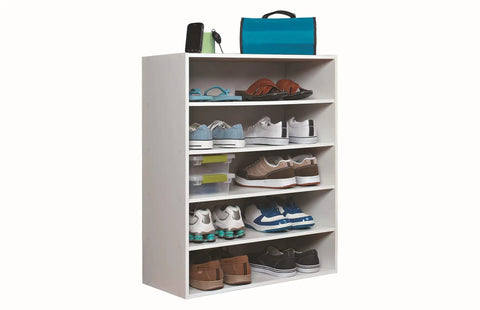 Five Shelf Stackable Shoe Organizer For Closets, White Laminate, Dope Space Saver That Holds Up To Ten Pairs, filled with shoes.