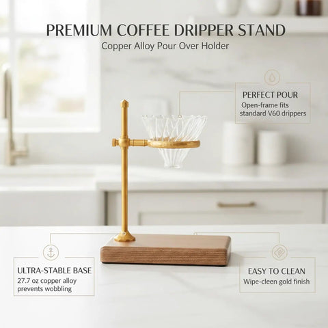 Premium Heavy Duty Copper Alloy Pour Over Coffee Dripper Stand With Weighted Stable Cone Filter Holder For Smooth Top Shelf Brewing Station Setup Game Changer, featuring open-frame design and gold finish.