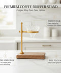 Heavy Copper Alloy Pour Over Coffee Dripper Stand For Kitchen Counter Hella Steady Cone Filter Holder on marble surface.