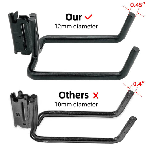 Comparison of Heavy Duty E Track Shovel Hanger 4 Pack For Long Handled Tools Steel Double J Hook with 12mm and 10mm diameter