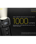Tup 1000 Lumen Rechargeable EDC Flashlight With Digital Display showing 1000 lumens, black pocket-sized design