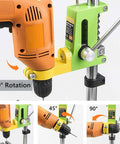 Floor Drill Press Stand For Hand Drill With 90 Degree Rotating Clamp, Adjustable Universal Bench Drill Holder, shown in use with an orange drill.