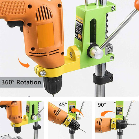 Floor Drill Press Stand For Hand Drill With 90 Degree Rotating Clamp, Adjustable Universal Bench Drill Holder, shown in use with an orange drill.