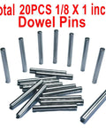 One Eighth Inch Dowel Pins Set, 20 Pieces, One Inch Long Metal Shelf Pins arranged on a white background